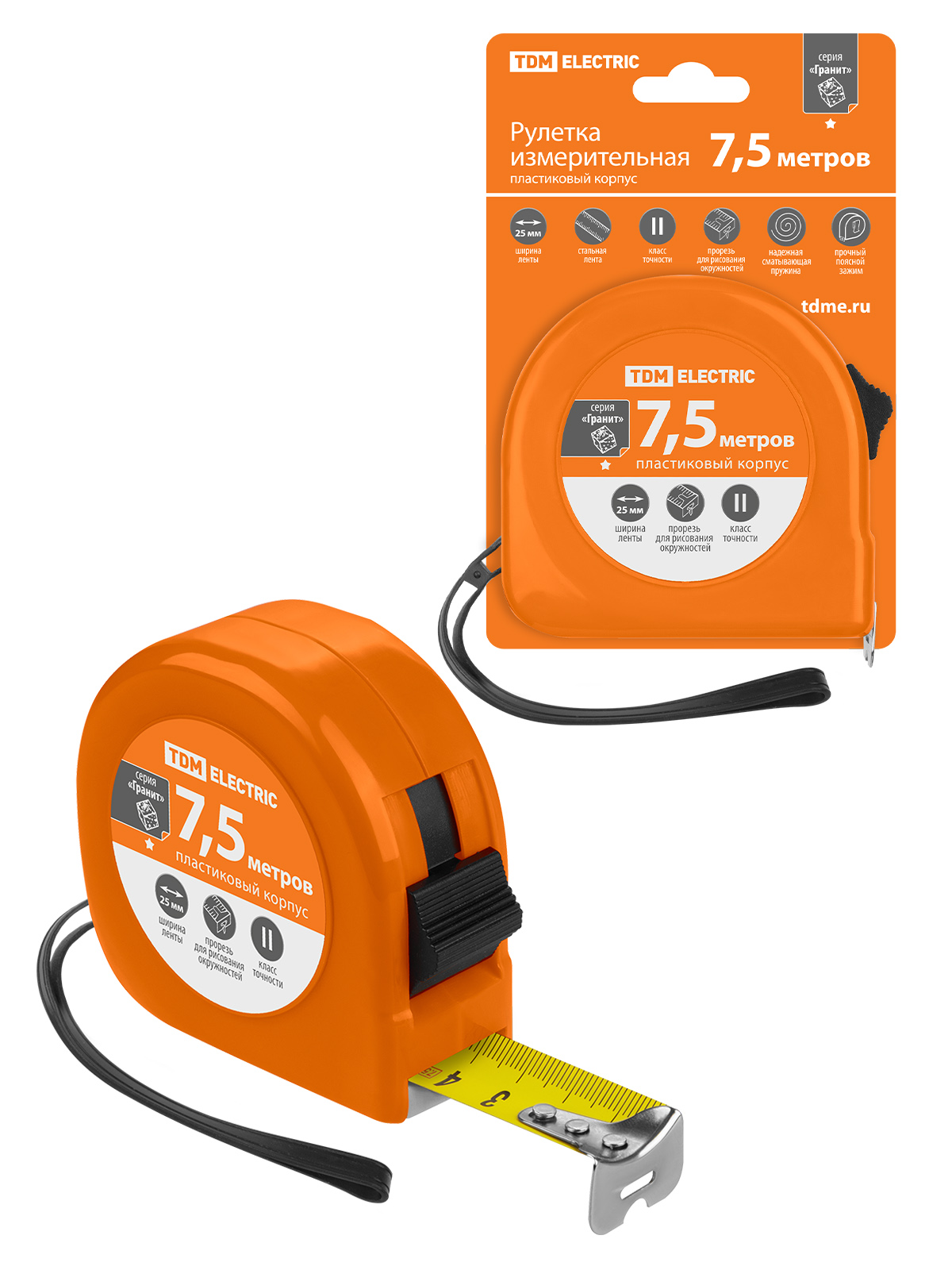 Рулетка, длина 7.5 м, стальная лента, ширина 25 мм, пластиковый корпус, "Гранит" TDM