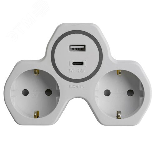 Разветвитель сетевой со шторками 2-местный USB+Type C на 2.4 А с/з 250 В 16 A белый/серый