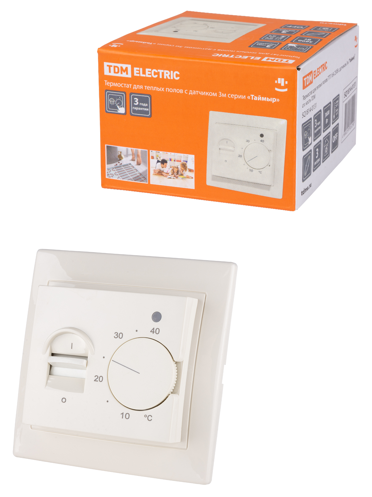 Термостат для теплых полов ТТП 16А 250В с датчиком 3м "Таймыр" белый TDM