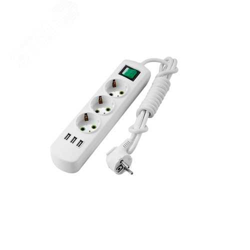 Удлинитель с/з 3 входа 2 метра с выключателем c USB-разъемом