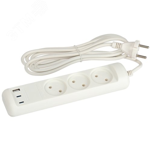 Удлинитель электрический U-3-3m-USB-W 3 розетки + 3xUSB A+C 3м 10А белый