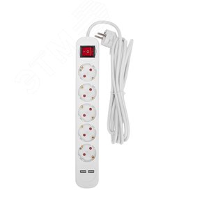 Удлинитель STANDARD 5 гнезд, 3 м, 3х1,0 мм2, с/з, с выключателем, 2 USB, белый