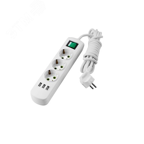 Удлинитель с/з 3 входа 3 метра с выключателем c USB-разъемом
