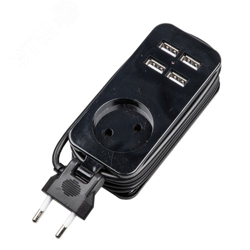 Удлинитель Travel шнур 1,5м 1 гнездо 10A без заземления 4USB 2,1A черный ТМ S-CT1-1,5U BLACK