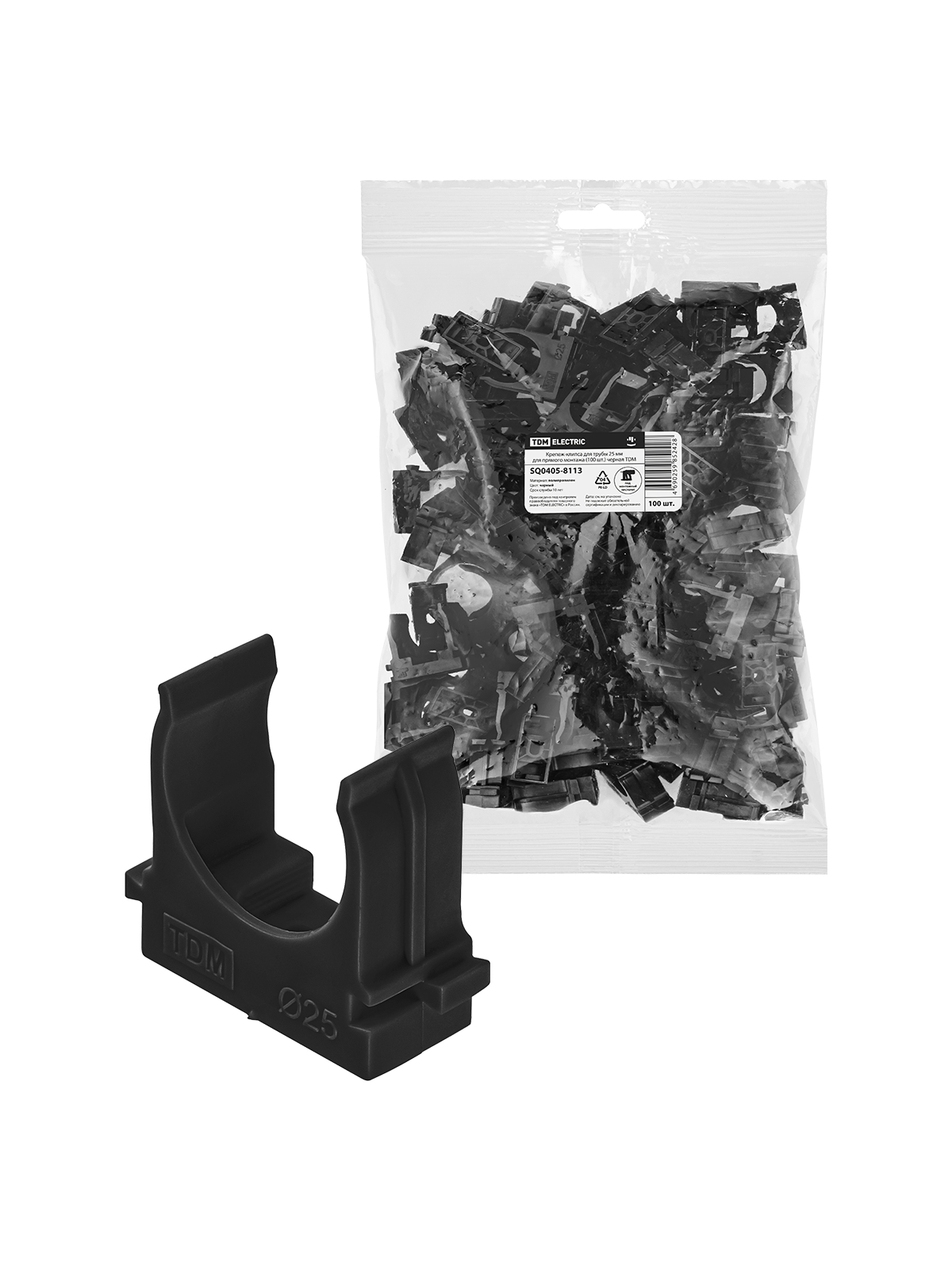 Крепеж-клипса для трубы 25 мм для прямого монтажа (100 шт.) черная TDM