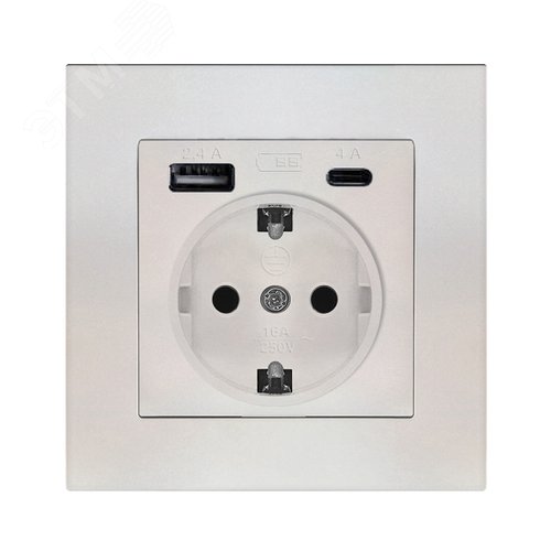 Розетка скрытой установки, с заземлением, с USB Type-A 2.4А+ Type-C 4A серия Афина , 220В, жемчуг