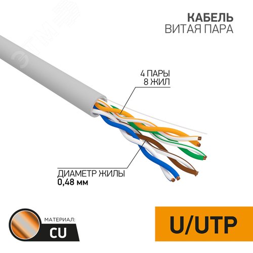 Витая пара U/UTP, CAT 5e, PVC, 4PR, 24AWG, INDOOR, SOLID, серый, 305м, серия LIGHT, РФ