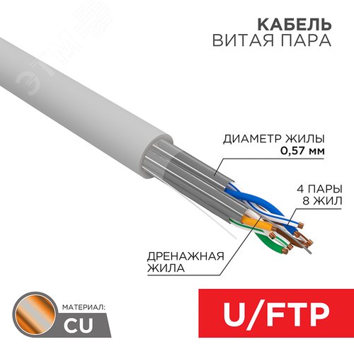 Витая пара U/FTP CAT 6A 4х2х0.57мм LSZH нг(А)-HF 23AWG IN серый PRO