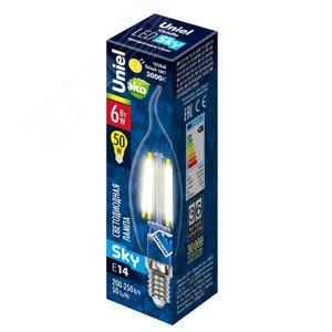 Лампа светодиодная LED 6вт 200-250В свеча на ветру прозрачное 500Лм Е14 4000К Sky филамент
