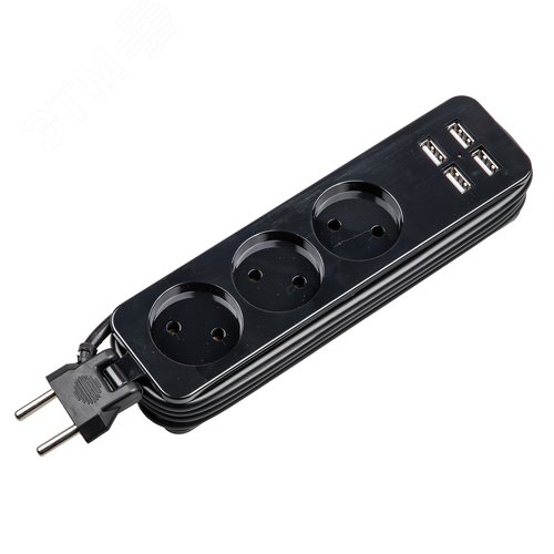 Удлинитель серии Travel шнур 1,8м 3 гнездa 10A без зазамления 4USB 3,1A черный ТМ S-CT3-1,8U BLACK