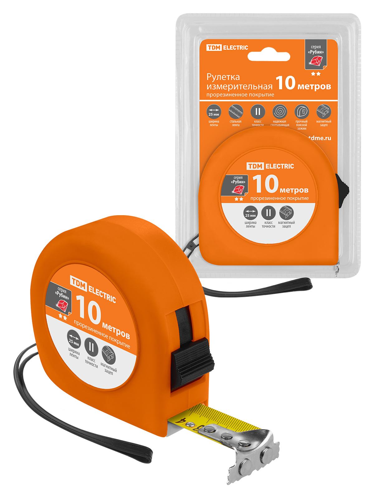 Рулетка, длина 10 м, стальная лента, ширина 25 мм, прорезиненное покрытие, магнит, "Рубин" TDM