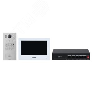 Комплект IP  видеодомофона (Панель вызывная       DHI-VTO3221E-P, видеодомофон с WiFi               DHI-VTH2621GW-WP, неуправляемый 4-портовый        коммутатор с Poe DH-PFS3006-4ET-36, монтажная     коробка для врезного монтажа)