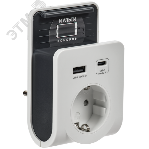 Адаптер Т-03/01 1 место 2P+PE 16А 2хUSB A+C 20Вт с подставкой бело-черный IEK