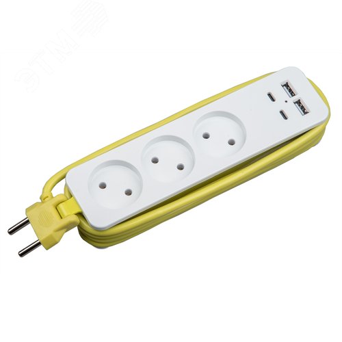 Удлинитель Travel шнур 1,8м 3 гнездa 10A без заземления 2USB+2TYPE C 3,1A белый с салатовым ТМ S-CT3-1,8UC WHITE/GREEN