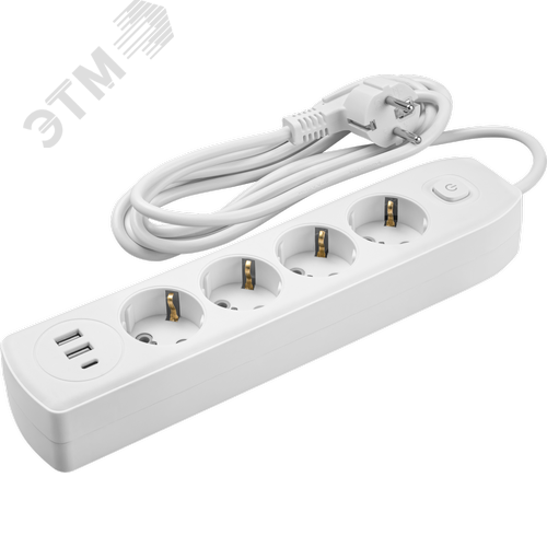 Удлинитель бытовой OPE-USB-04-500-ESC-3x1 с заземлением с выключателем 4 розетки 5м ПВС 3х1 2500Вт 2USB-A+USB-C, 2,4А