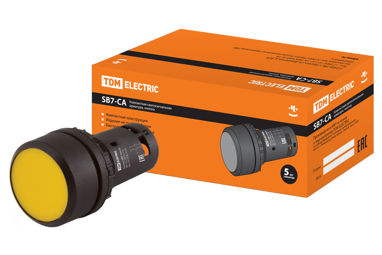 Кнопка SB7-CAL55 с фиксацией, 1НО+1НЗ, d22 мм, желтая, IP54 TDM