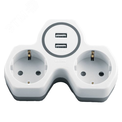 Разветвитель сетевой на 2 выхода + 2 выхода USB, с/з,, белый/серый