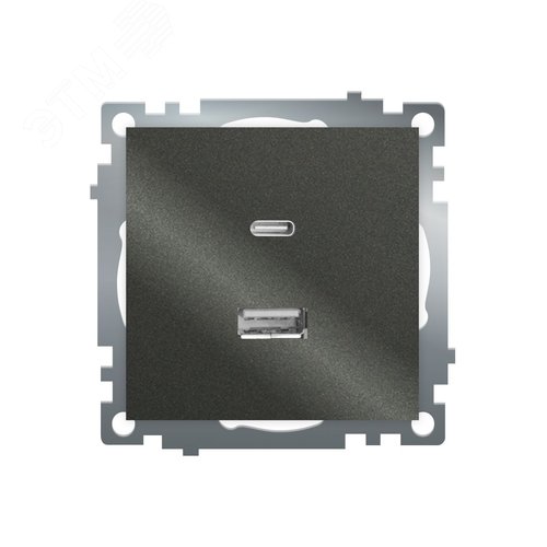 Розетка 2-местная USB+TypeC (механизм) 250В 3А max 20W серия Катрин графит STEKKER
