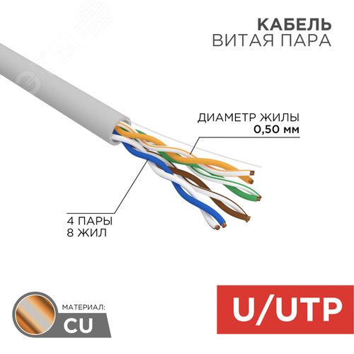 Витая пара U/UTP CAT5e 4PR 24AWG PVC IN SOLID, серый, РФ, 305 м