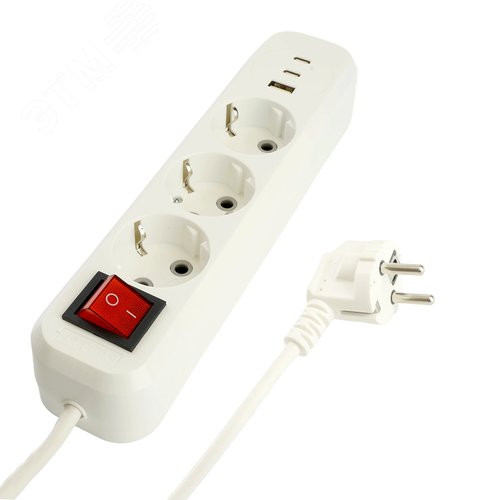 Удлинитель 3-местный с/з с выключателем 3x1 мм 2.5м 250 В 16 А 1 USB+2 C 2.4 A белый HM071-31-05