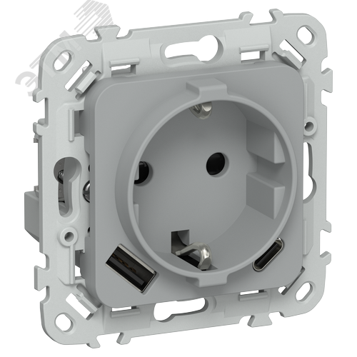 FLITE Розетка 1-местная с заземлением с защитными шторками 16А с USB A+C 20Вт безвинтовое крепление РСЮшс11-1-ФлС серый IEK