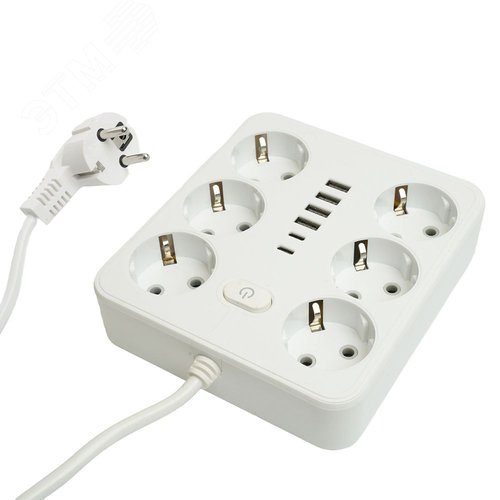 Удлинитель 6-местный c/з 3x1 мм2 3м 250В 10А 4USB+2Type-C 2.4А Home белый