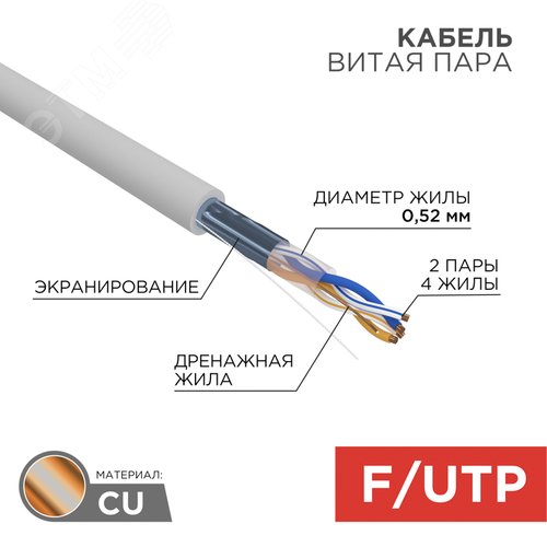 Витая пара F/UTP CAT 5e 2х2х0.52мм LSZH нг(А)-HF 24AWG IN серый PRO