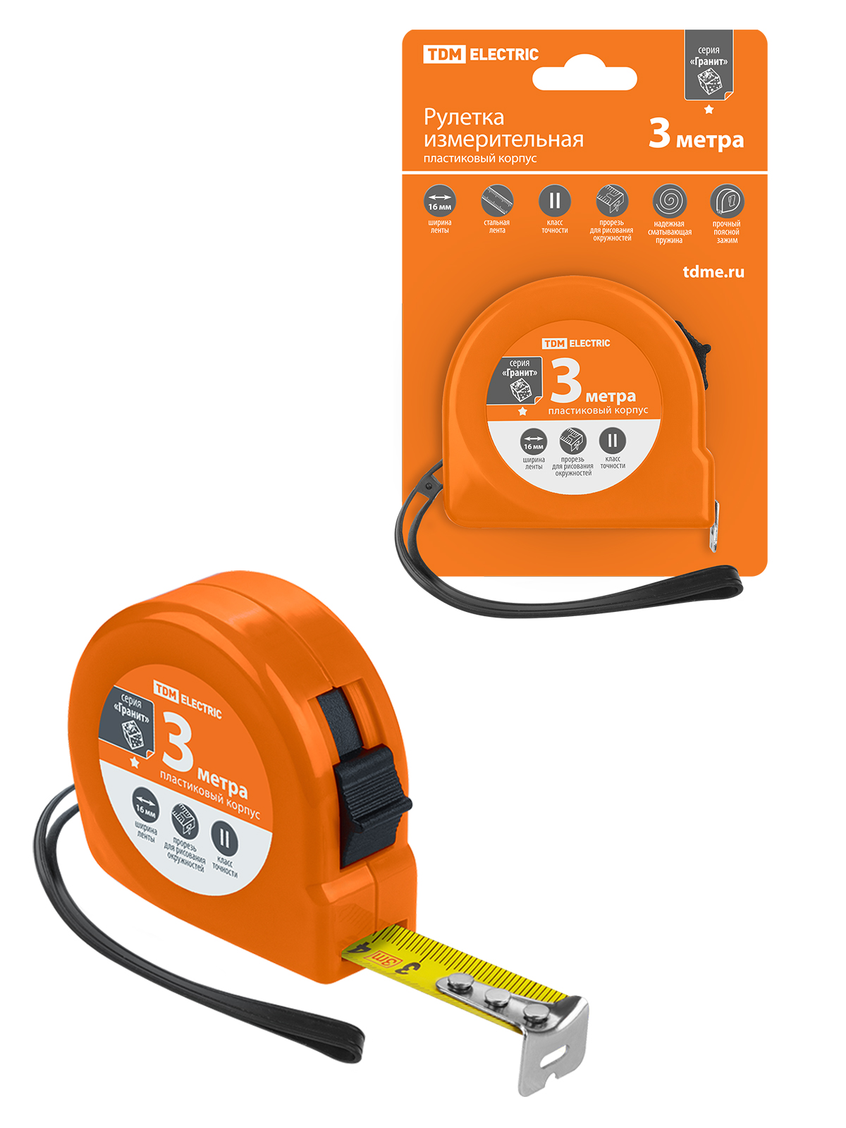 Рулетка, длина 3 м, стальная лента, ширина 16 мм, пластиковый корпус, "Гранит" TDM