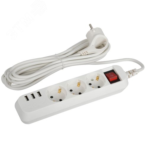 Удлинитель электрический U-3es-5m-USB c заземлением с выключателем 3 розетки + 3xUSBA 5м 10А