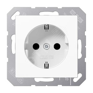 Штепсельная розетка SCHUKO одинарная, с заземлением, с шторками, 16A, 250В  (механизм + накладка, без рамки). Серия A500  Материал- дуропласт  Цвет- белый