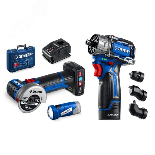 Набор, дрель-шуруповерт, мини УШМ, LED фонарь, КОМБИ 5, BRUSHLESS, 12 В, 45 Н·м, 2 АКБ тип Т7 4 и 2 А·ч, кейс, Профессионал