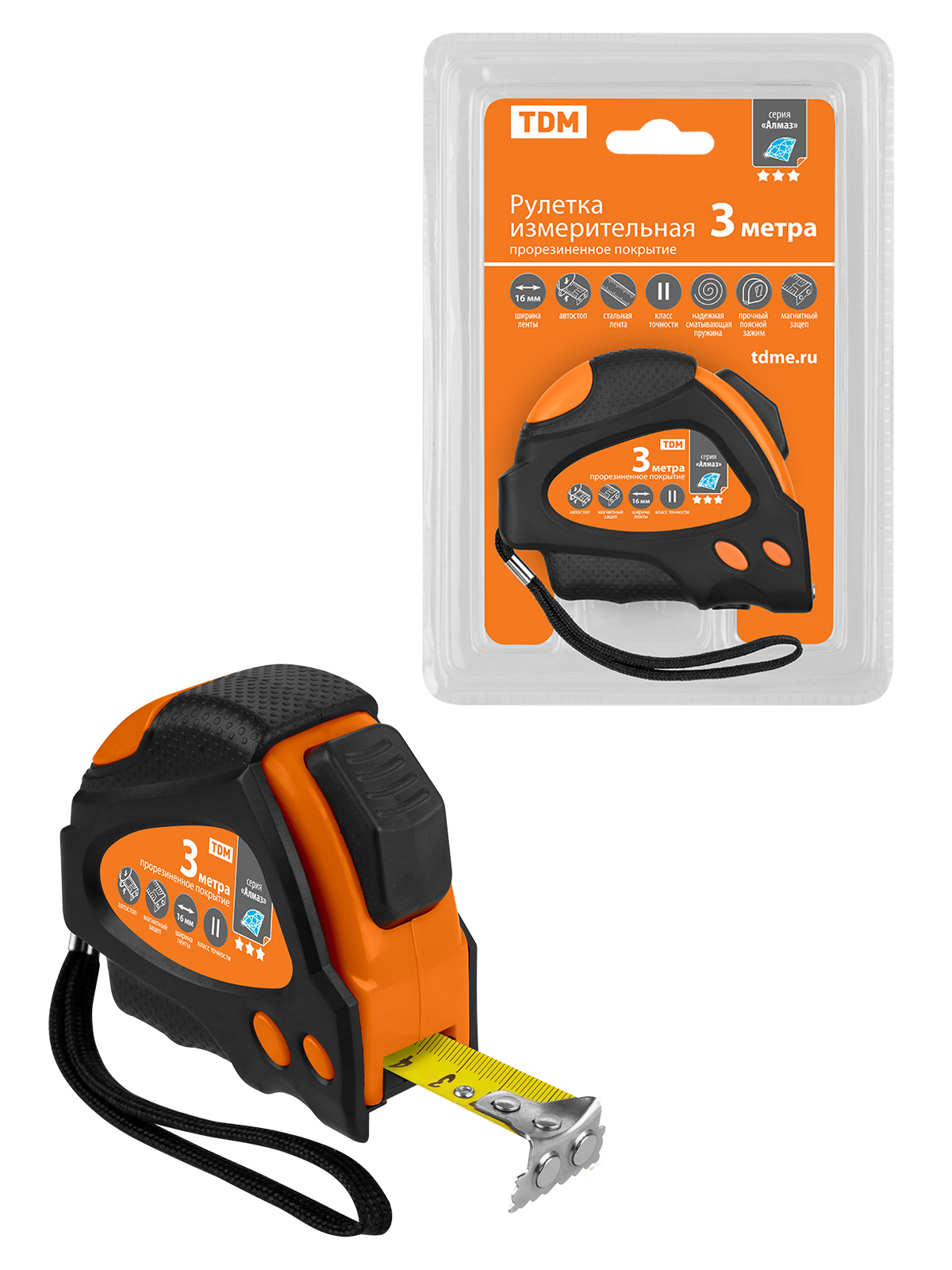 Рулетка 3 м х 16 мм, тройная фиксация, автостоп, обрезиненный корпус, магнит, "Алмаз" TDM