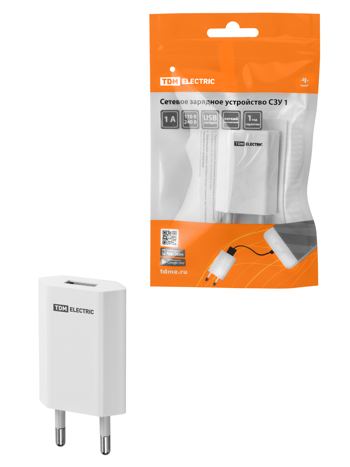 Сетевое зарядное устройство, СЗУ 1, 1 А, 1 USB, белый, TDM