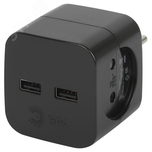 Разветвитель электрический SP-2-USB-B на 2 розетки + 2xUSB 2400mA, без заземл 10А (черный)