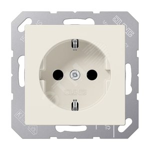 Штепсельная розетка SCHUKO одинарная, с заземлением, с шторками, 16A, 250В  (механизм + накладка, без рамки). Серия A500  Материал- дуропласт  Цвет- слоновая кость