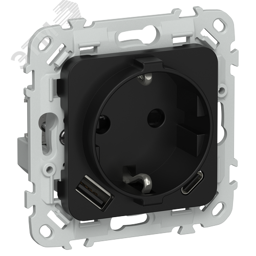 FLITE Розетка 1-местная с заземлением с защитными шторками 16А с USB A+C 20Вт безвинтовое крепление РСЮшс11-1-ФлЧ черный IEK