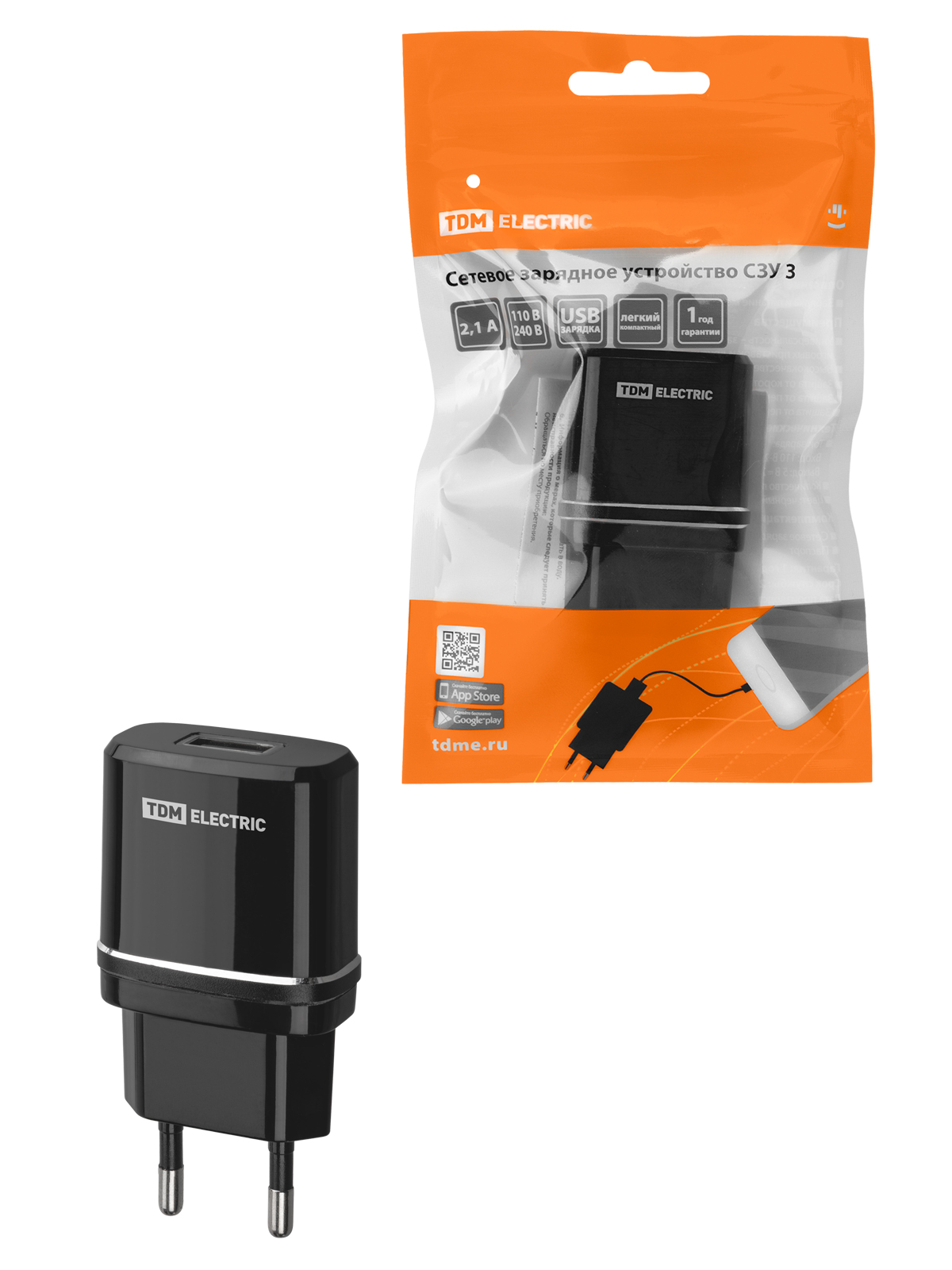 Сетевое зарядное устройство, СЗУ 3, 2,1 А, 1 USB, черный, TDM