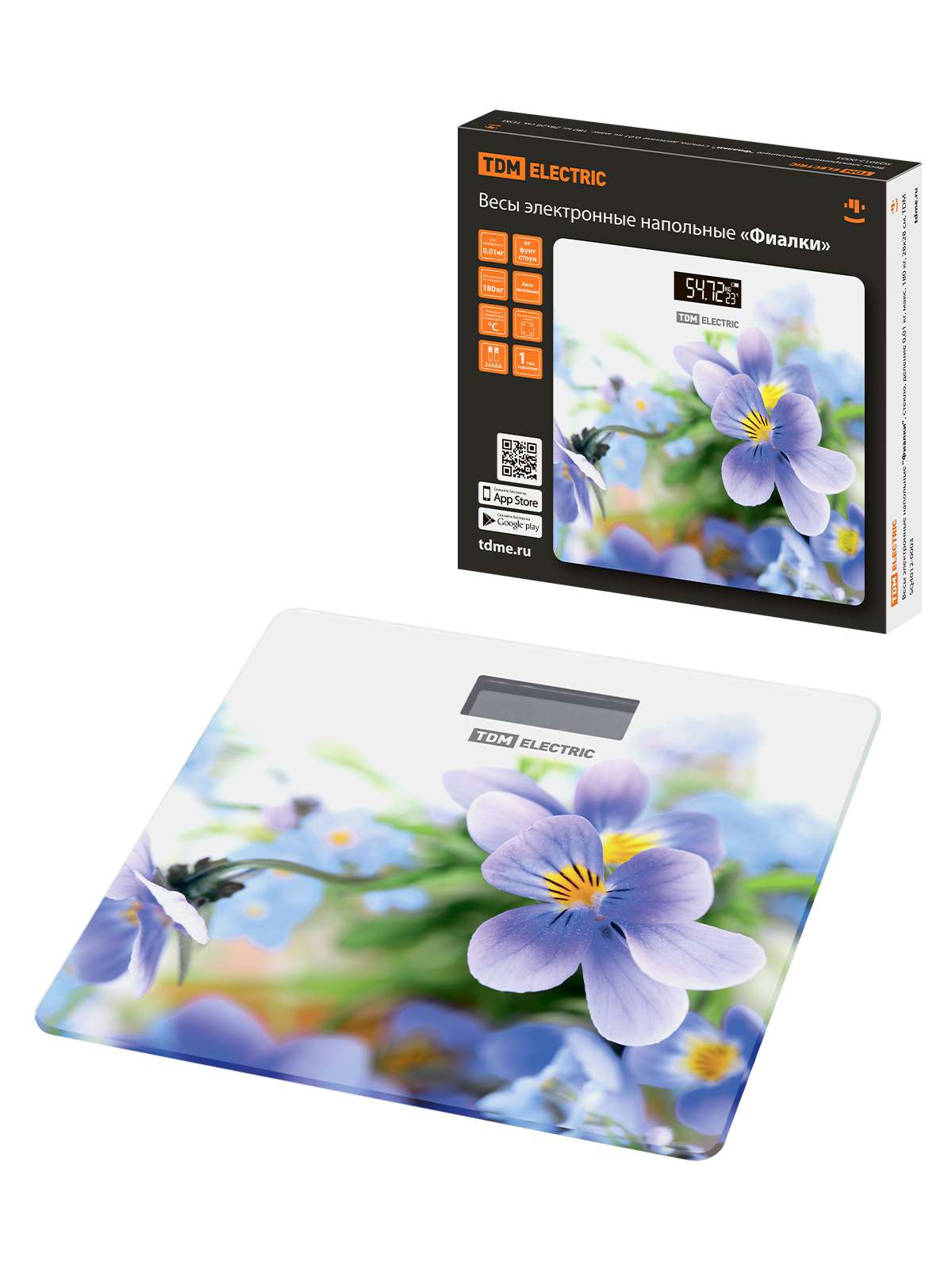 Весы электронные напольные "Фиалки", стекло, деление 0,01 кг, макс. 180 кг, 28х28 см, TDM