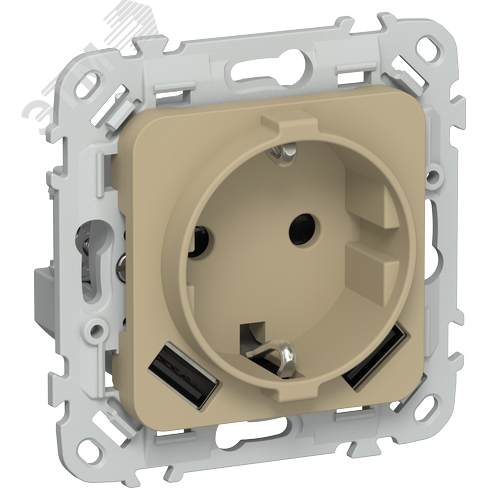 FLITE Розетка 1-местная с заземлением с защитными шторками 16А с USB A+A 3,1А безвинтовое крепление РСЮша11-1-ФлХ хаки IEK