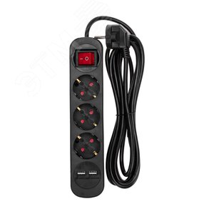 Удлинитель STANDARD 3 гнезда, 3 м, 3х1,0 мм2, с/з, с выключателем, 2 USB, черный