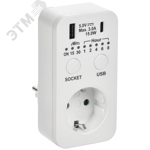 РТЭ-4 Розетка-таймер электронный с USB A+C        15мин-8ч 16А IP20 белый IEK