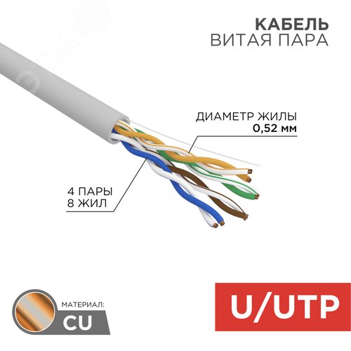 Витая пара U/UTP CAT 5e PVC 4х2х0.52 мм 24AWG INDOOR SOLID серый 305м PRO