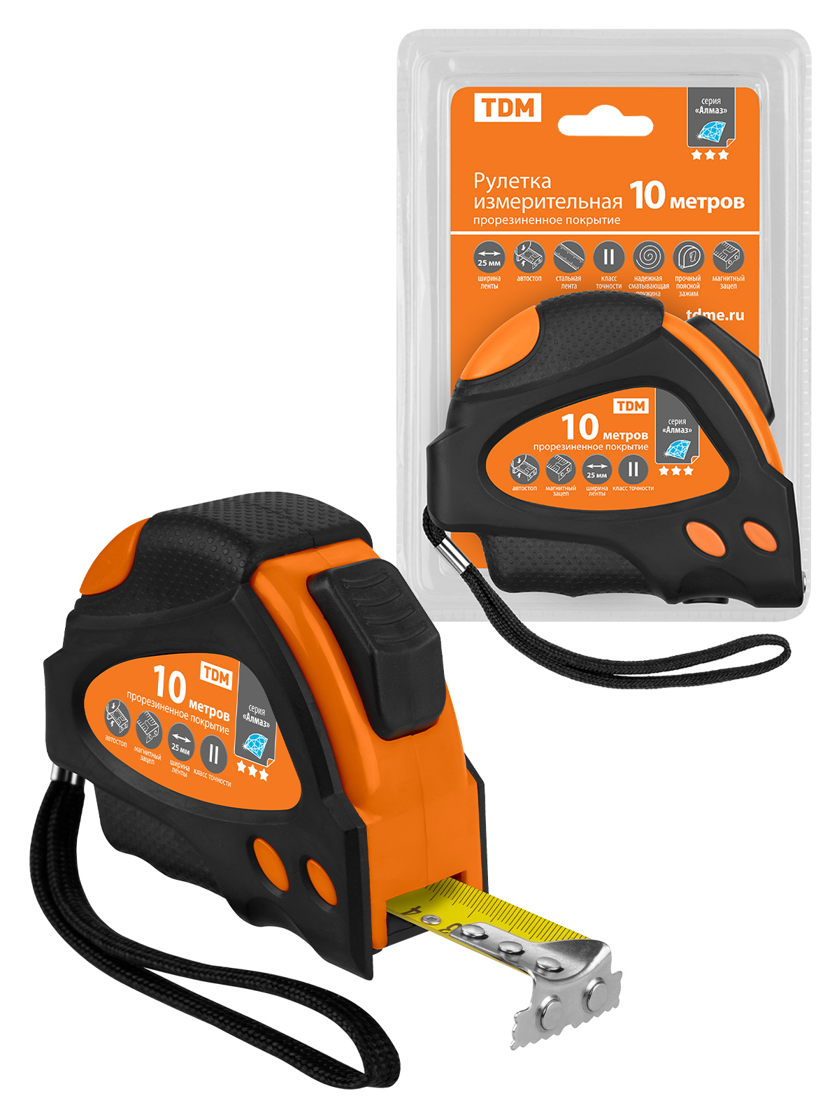 Рулетка 10 м х 25 мм, тройная фиксация, автостоп, обрезиненный корпус, магнит, "Алмаз" TDM