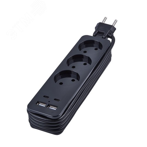 Удлинитель Travel шнур 1,8м 3 гнезда 10А без заземления 2 USB+2 TYPE C 3,1А черный ТМ S-CT3-1,8UC BLACK