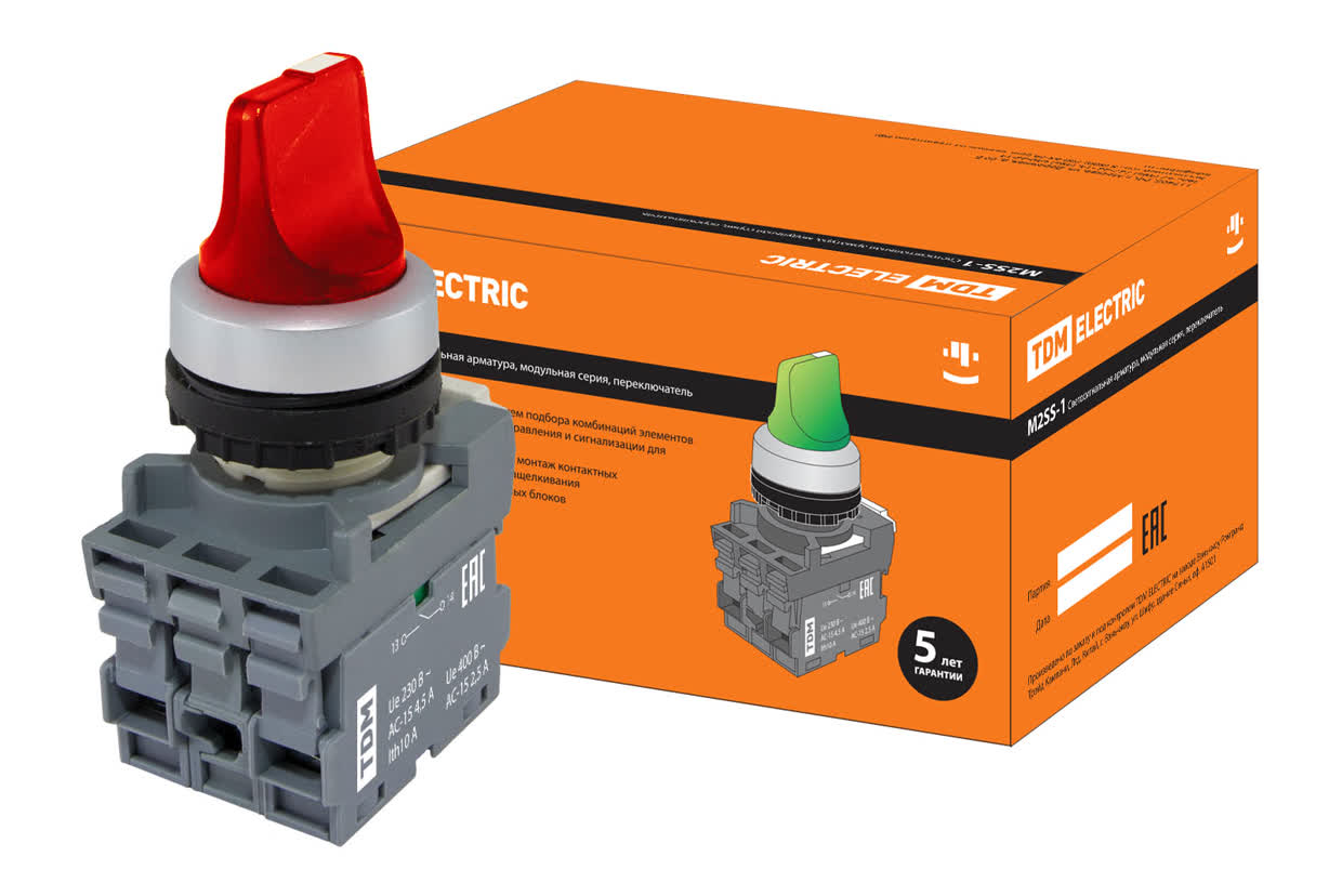 Переключатель на 3 положения с фиксацией M3SS1-21R короткая ручка(LED) d22мм/220B 1з+1р красный TDM