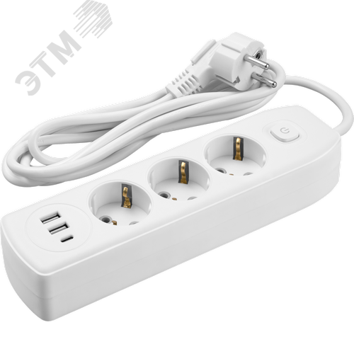 Удлинитель бытовой OPE-USB-03-500-ESC-3x1 с заземлением с выключателем 3 розетки 5м ПВС 3х1 2500Вт 2USB-A+USB-C, 2,4А