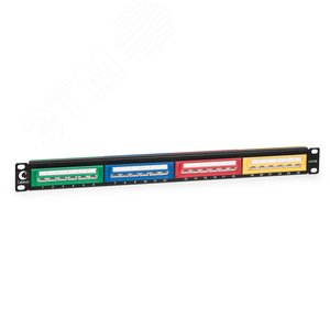 Патч-панель IDC 19' (1U), 24 порта RJ-45, категория 5e, Dual IDC, угол портов 45 градусов, цветные блоки