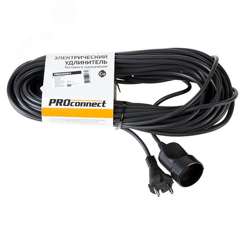 Удлинитель-шнур ПВС 2х0,75, 20м, б/з, 6А, 1300Вт, IP20, черный