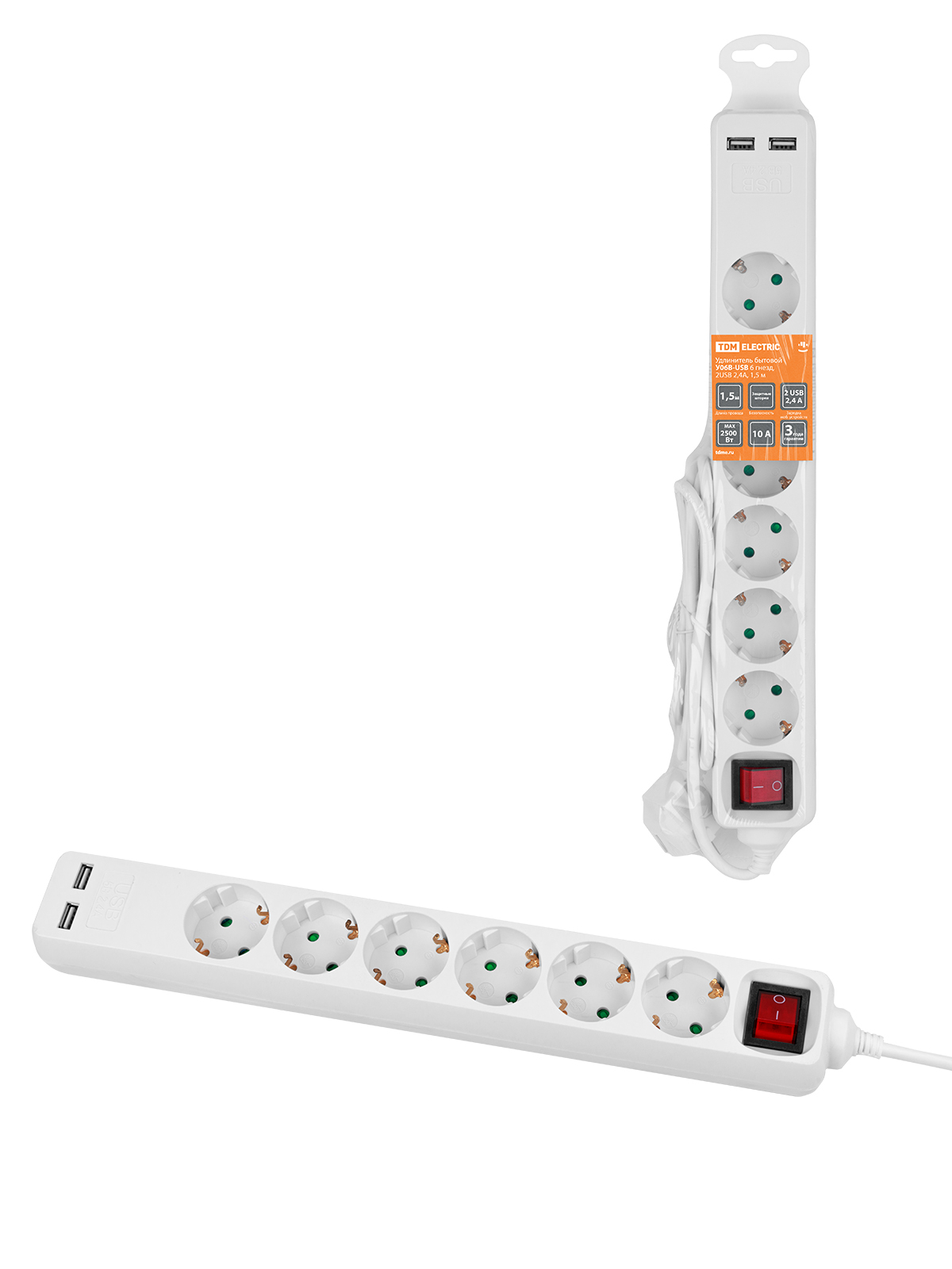 Удлинитель бытовой  У06В-USB 6 гнезд, 2USB 2,4А, 1,5 м, вык., з/к, ПВС 3х0,75мм2 10А/250В белый TDM