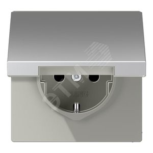 Штепсельная розетка SCHUKO одинарная, с заземлением, с шторками, с откидной крышкой, 16A, 250В  (механизм + накладка, без рамки). Серия LS990  Материал- металл  Цвет- алюминий